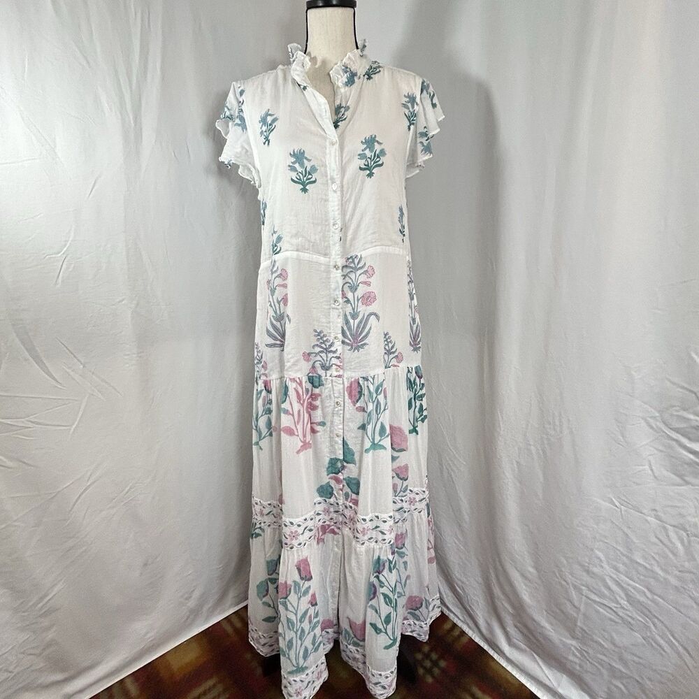 Oliphant Block Print Cotton Maxi Dress Size L White Floral Ruffle India Boho